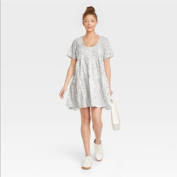 a new day Dresses & Skirts - A New Day Flutter Short Sleeve Tiered Babydoll Dress Size Large White Leopard
